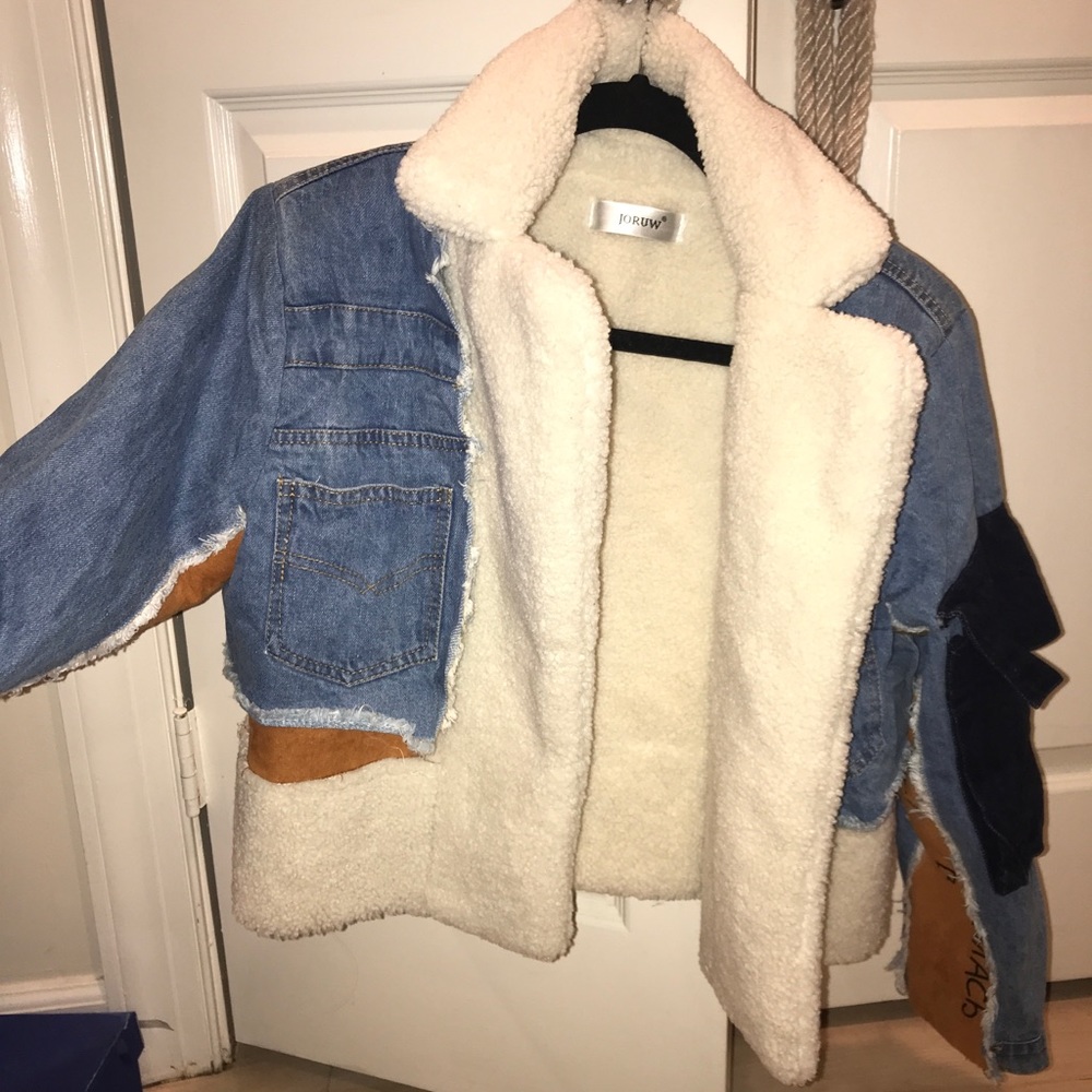 Patched Jean Jacket Faux Sherpa Size S NWOT